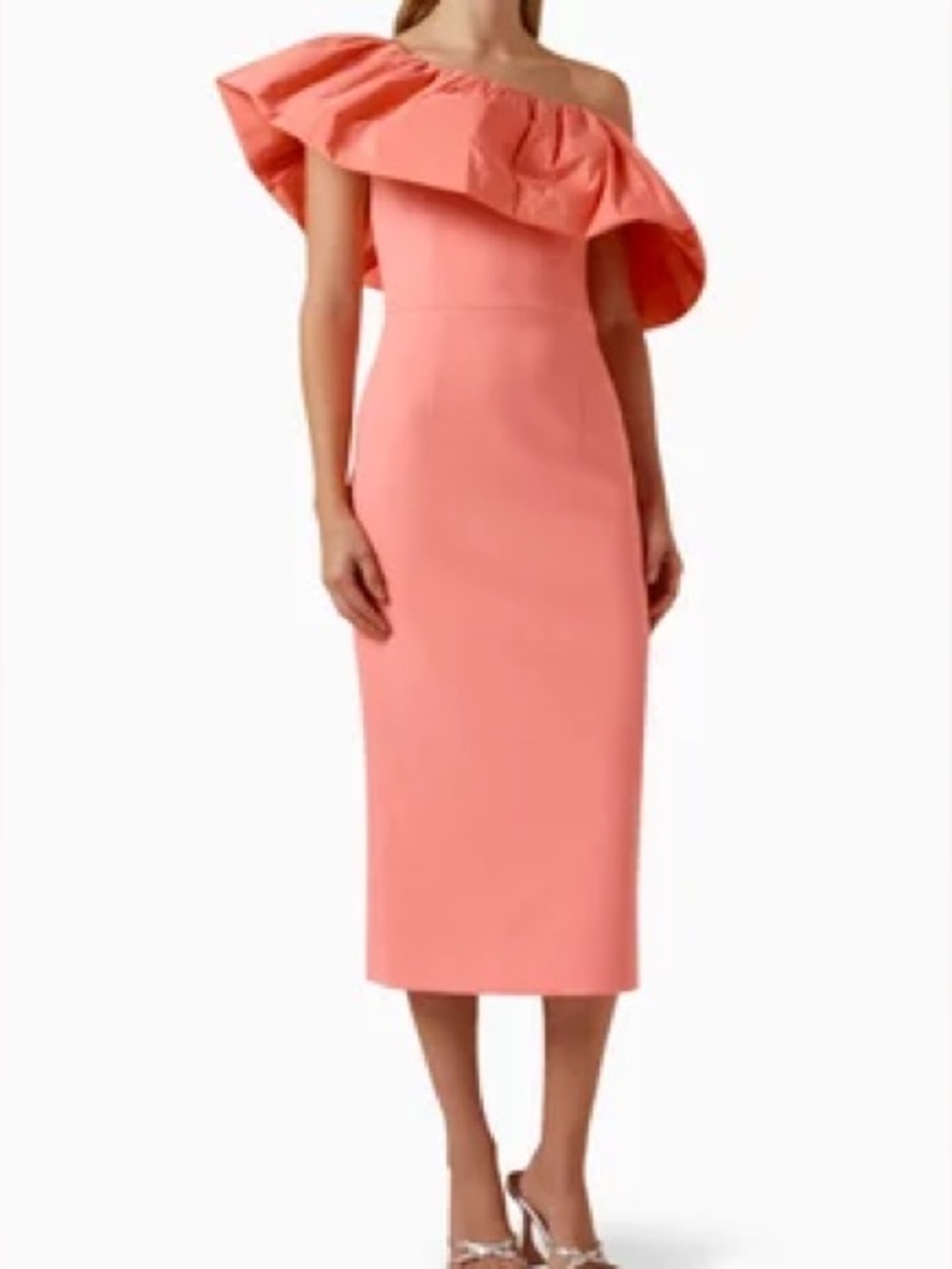 Rebecca Vallance Brittany One-Shoulder Coral Ruffle Midi Dress